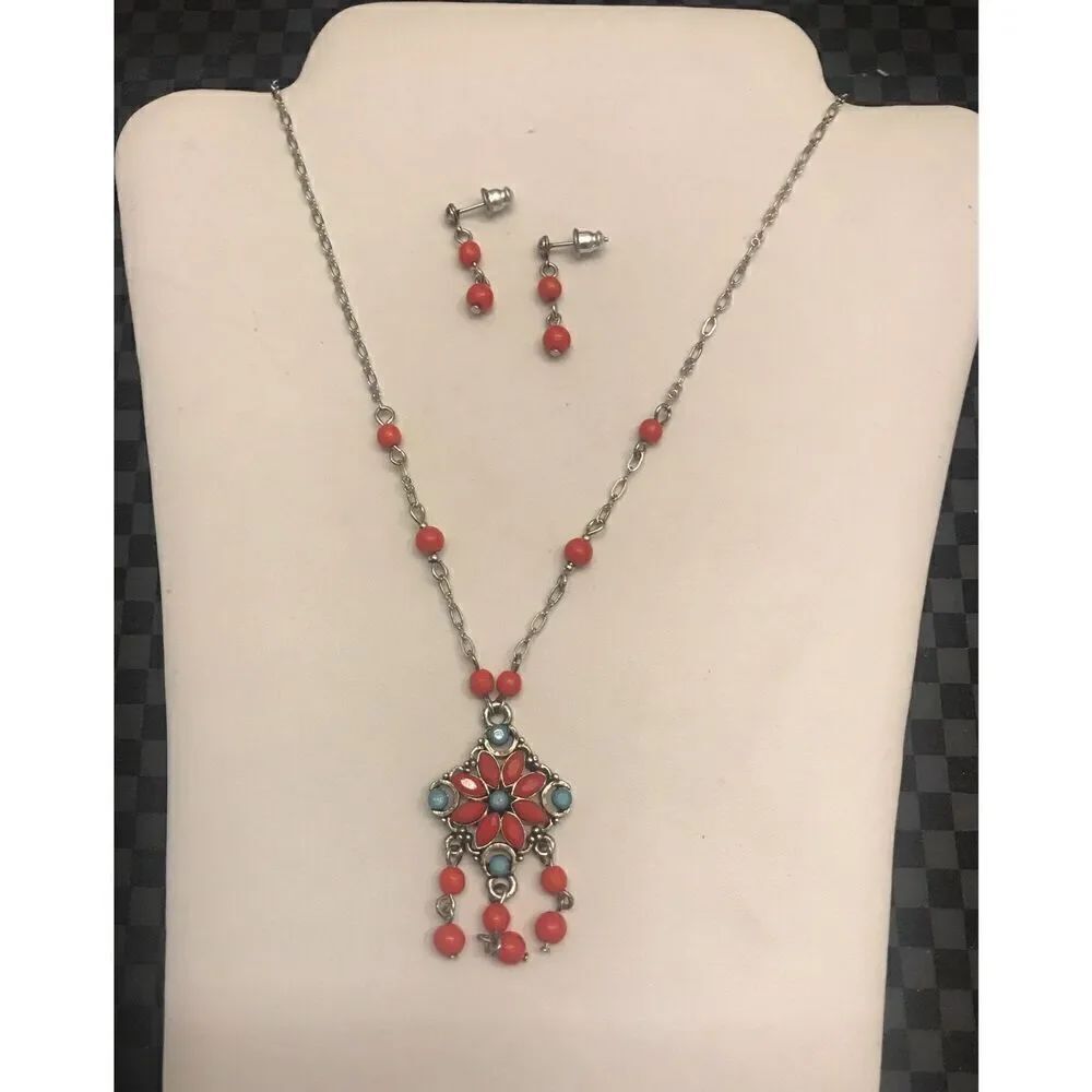 Pretty Turquoise & Coral Necklace & Earring Set